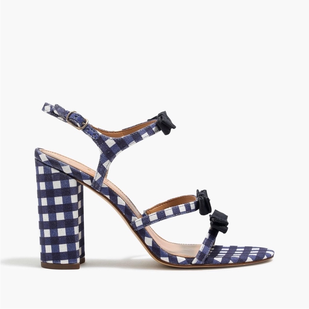J.Crew Stella Blue Gingham Heels with Bows NWOT